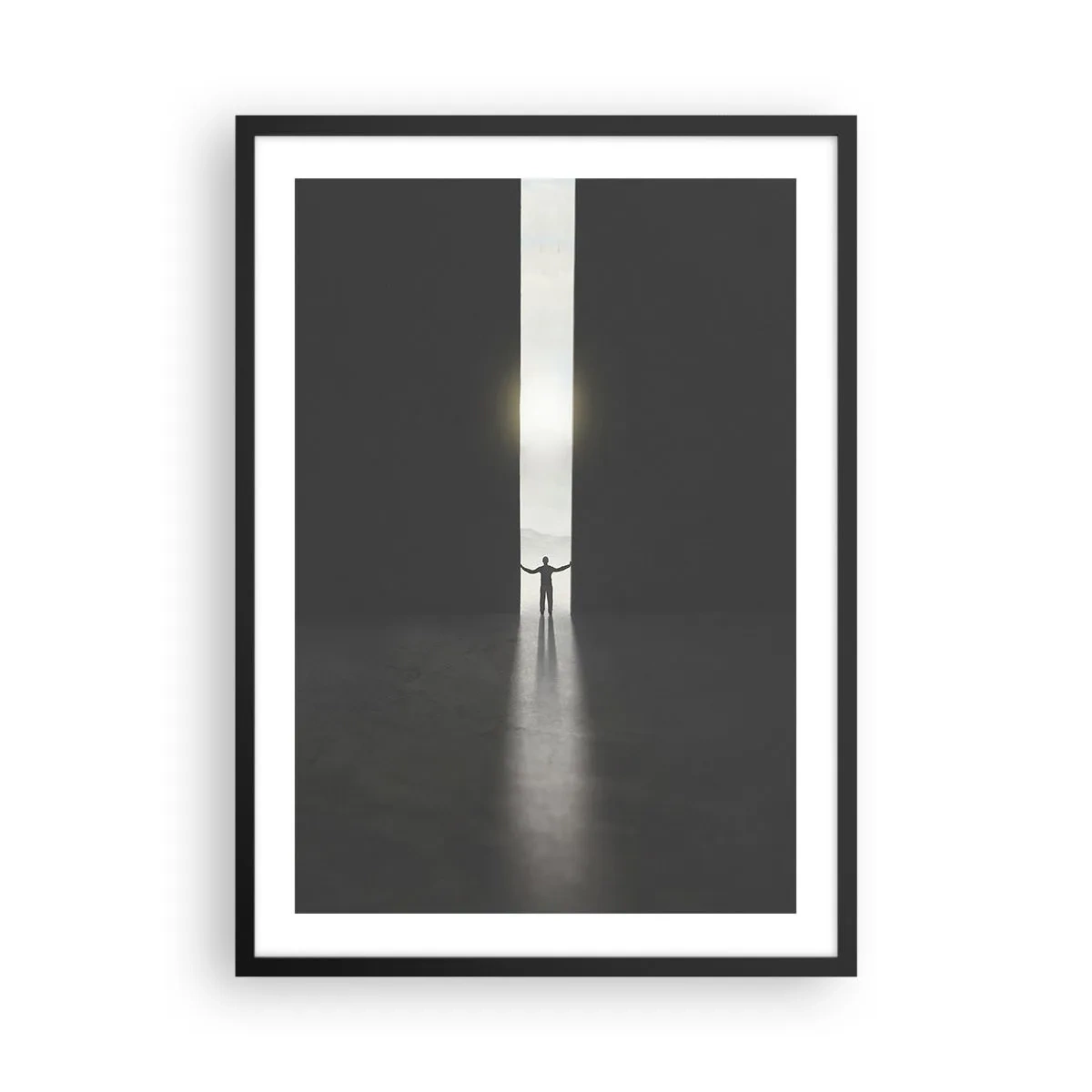Poster in black frame - A man standing in the light of a crack in a dark environment - 50x70cm - Step to Bright Future - Modern wall decoration for the living room and bedroom ARTTOR