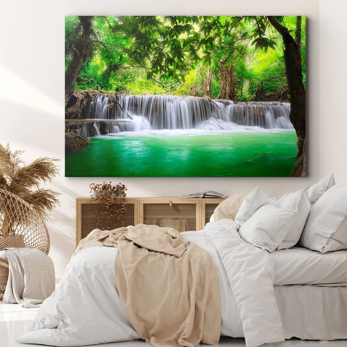 Canvas picture - A green waterfall surrounded by dense tropical vegetation - 70x50cm - Cascade in Green - Modern wall decoration for the living room and bedroom ARTTOR