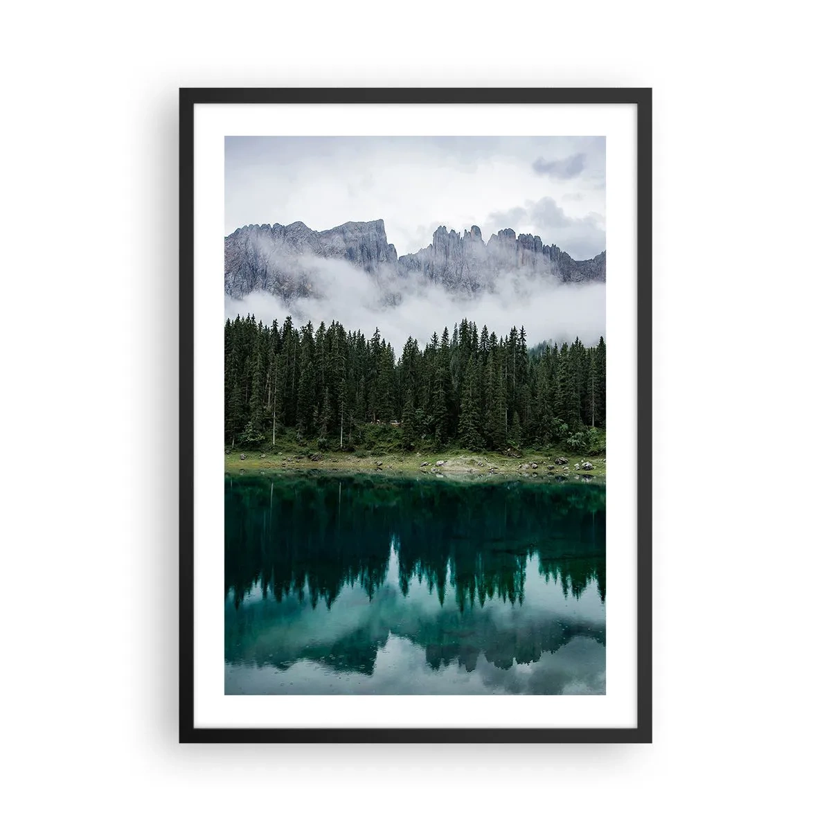 Poster in black frame - A green forest by a lake with mountains in the background surrounded by fog - 50x70cm - Quiet Please, Let's Not Wake Up Still Waters - Modern wall decoration for the living room and bedroom ARTTOR