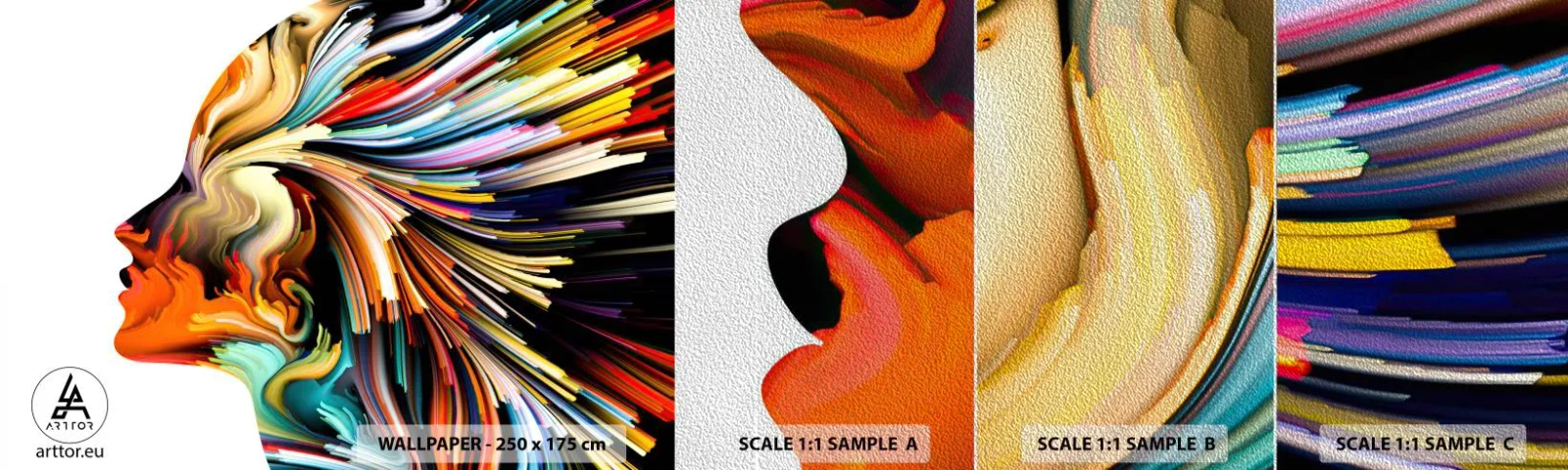 Photo Wallpaper Sample Premium Sand - Explosion of Imagination - Abstraction, Woman, Graphics - 100x30 cm