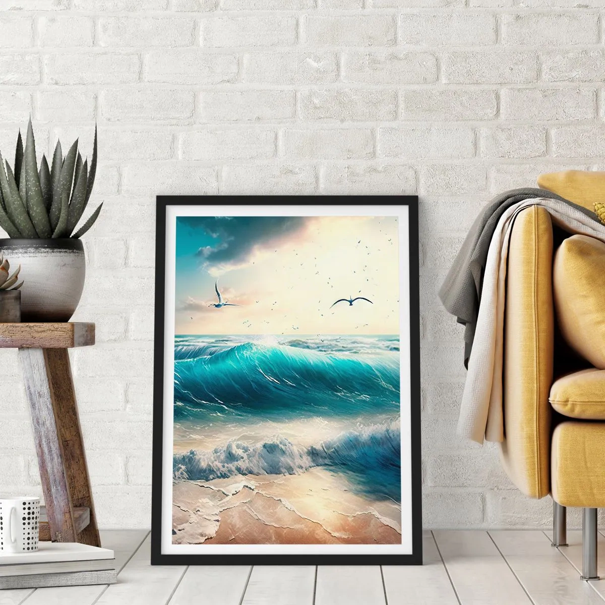 Poster in black frame - Turquoise waves crashing on the shore - 50x70cm - It Hums Especially for You - Modern wall decoration for the living room and bedroom ARTTOR