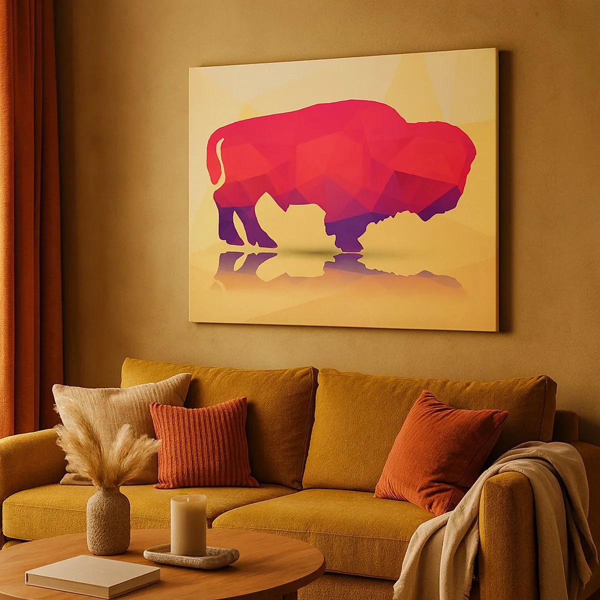Canvas picture - Geometric silhouette of a bison in shades of red and purple - 70x50cm - Amarantine Power of a Bison - Modern wall decoration for the living room and bedroom ARTTOR