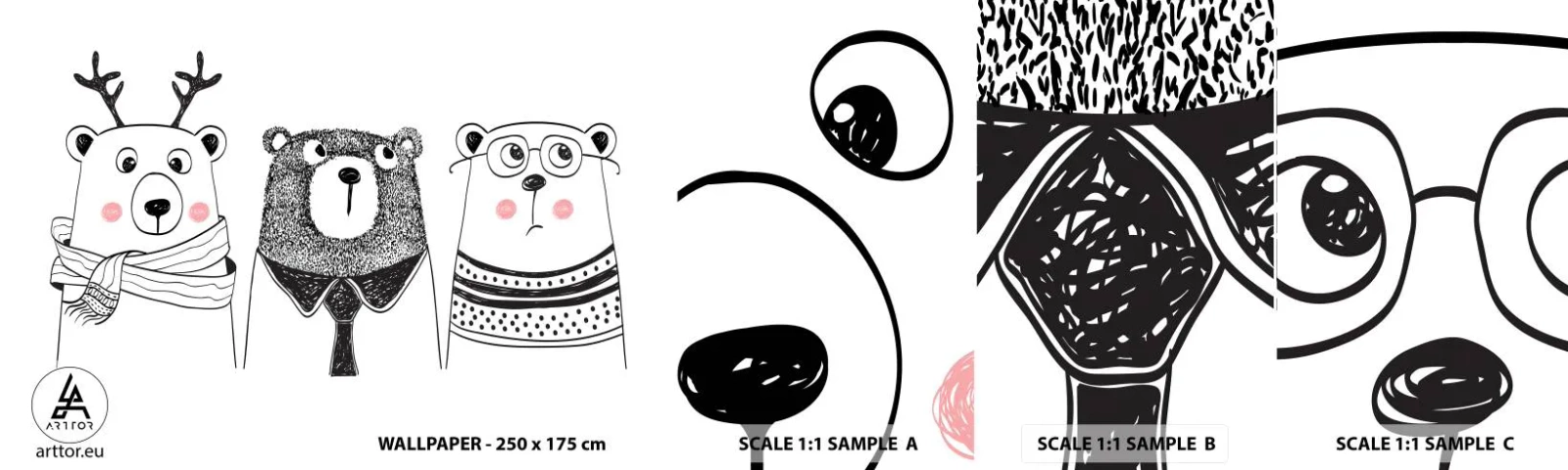 Photo Wallpaper Sample Standard Eco - One Teddy, Two Teddies, Three Teddies - For children, Bear, Illustration - 100x30 cm