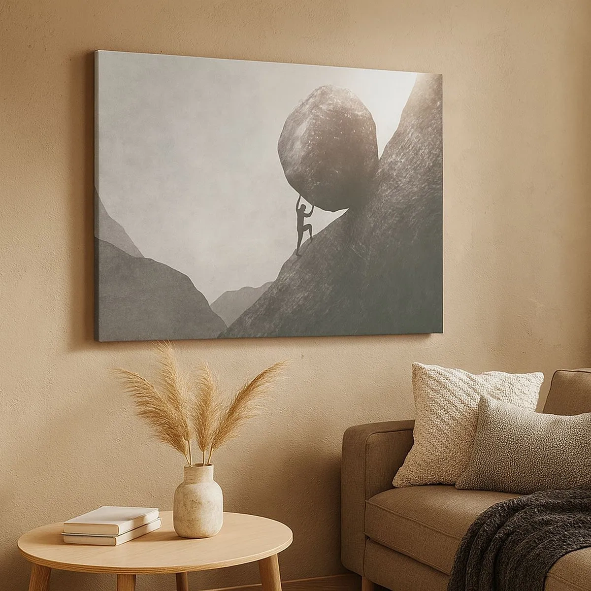 Canvas picture - A man climbing a huge boulder up a hill - 70x50cm - I Believe against Hope - Modern wall decoration for the living room and bedroom ARTTOR