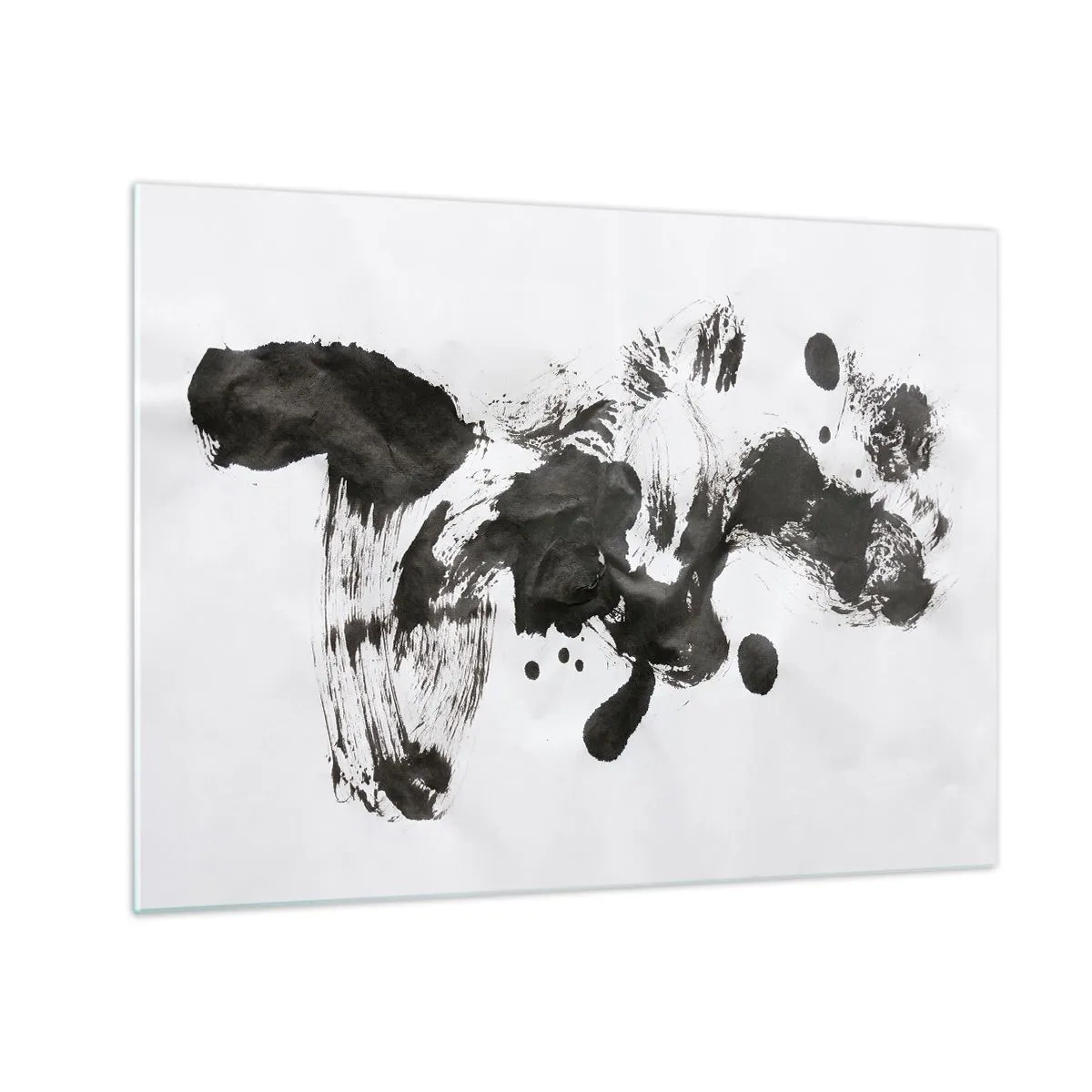 Glass picture - Abstract black spot and brush strokes on a white background - 70x50cm - A Method in Madness? - Modern wall decoration for the living room and bedroom ARTTOR