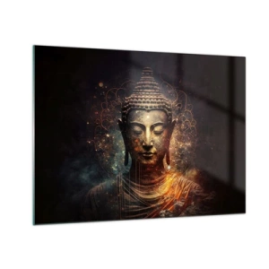 Glass picture - A golden figure of Buddha on a dark background with ornaments - 70x50cm - Spiritual Balance - Modern wall decoration for the living room and bedroom ARTTOR
