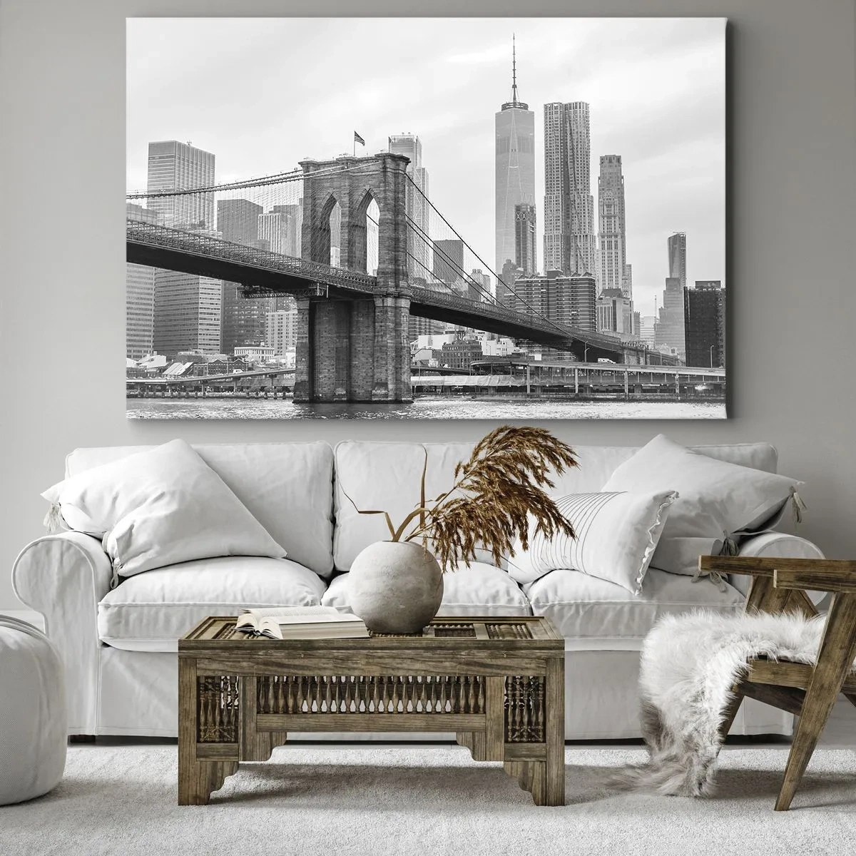 Canvas picture - Brooklyn Bridge with New York skyscrapers in the background - 70x50cm - New York Style - Modern wall decoration for the living room and bedroom ARTTOR