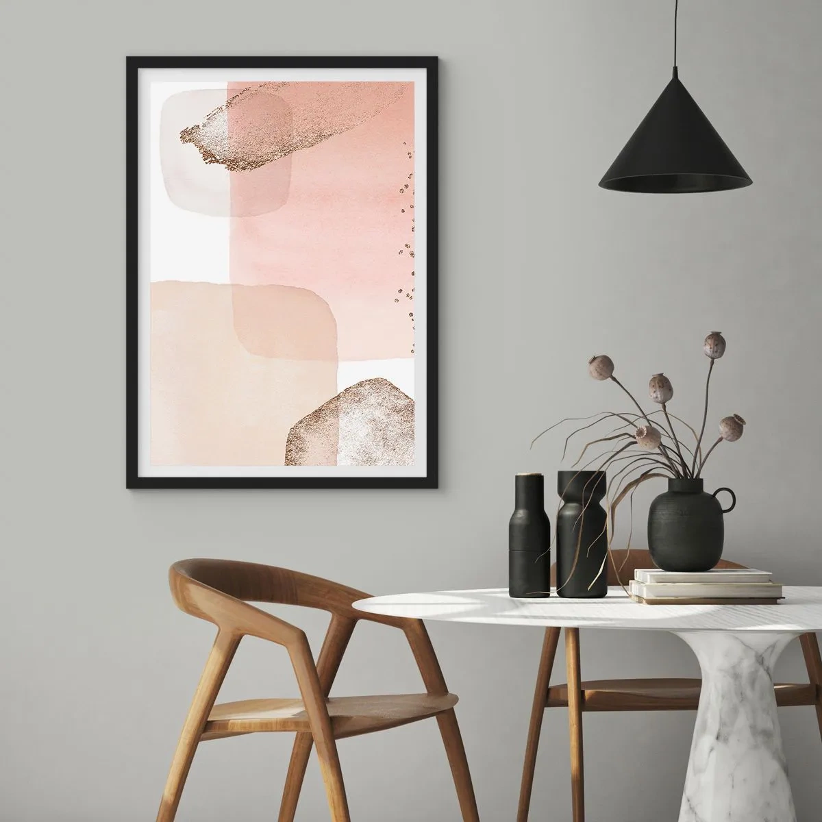 Poster in black frame - Pastel shapes with a delicate gold accent - 50x70cm - Look through Colour - Modern wall decoration for the living room and bedroom ARTTOR