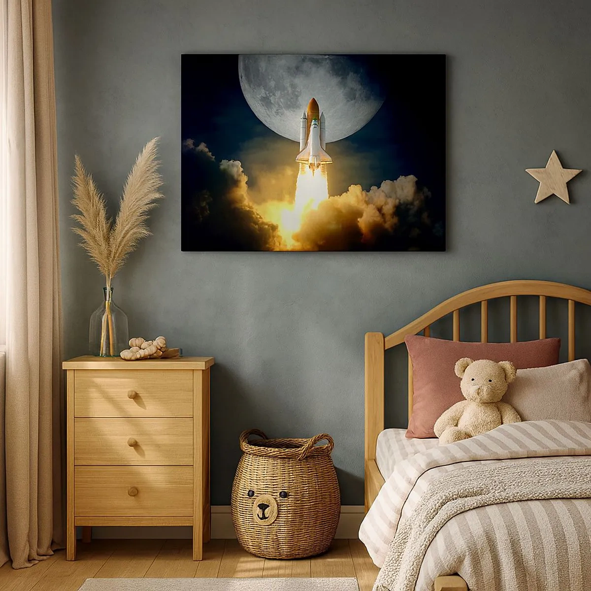 Canvas picture - A rocket taking off against the backdrop of a full moon surrounded by dynamic clouds. - 70x50cm - Beginning of Unearthly Adventure - Modern wall decoration for the living room and bedroom ARTTOR