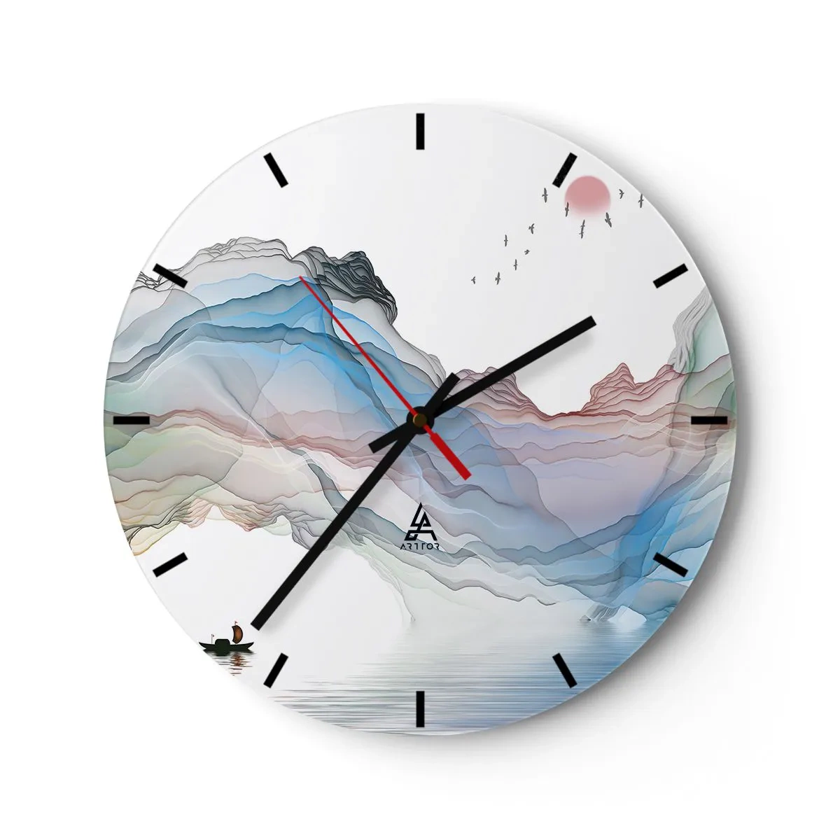 Wall clock - Clock on glass - Colorful, ethereal mountains with a boat on the water's surface - 30x30cm - Towards Crystal Mountains - Modern wall decoration for the living room, kitchen, and bedroom ARTTOR