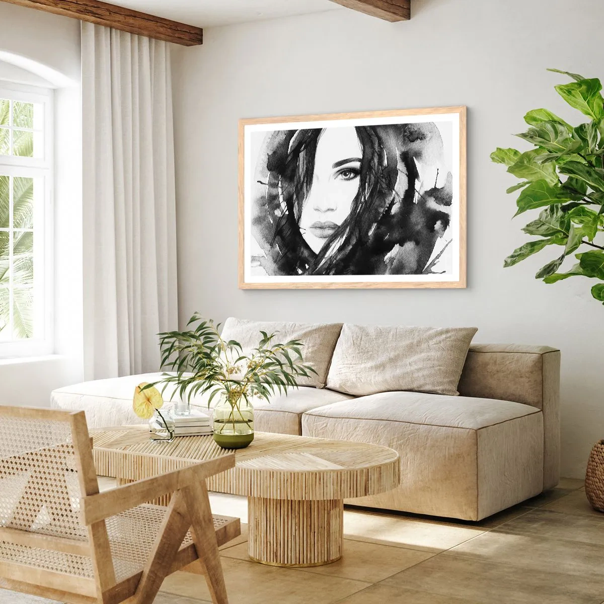Poster in light oak frame - Portriat of a Lady in  Black and White - 100x70 cm