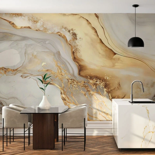 Photo Wallpaper Standard Eco - Gold veins and streaks on a white marble background - 100x70cm - Abstract: Beauty and Good - Modern wall decoration for the living room and bedroom ARTTOR