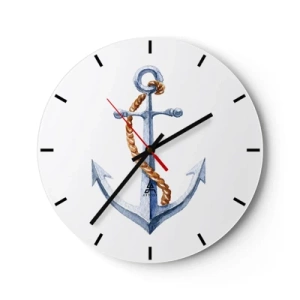 Wall clock - Clock on glass - Anchor with rope on a white background - 30x30cm - Ahoy Adventure! - Modern wall decoration for the living room, kitchen, and bedroom ARTTOR