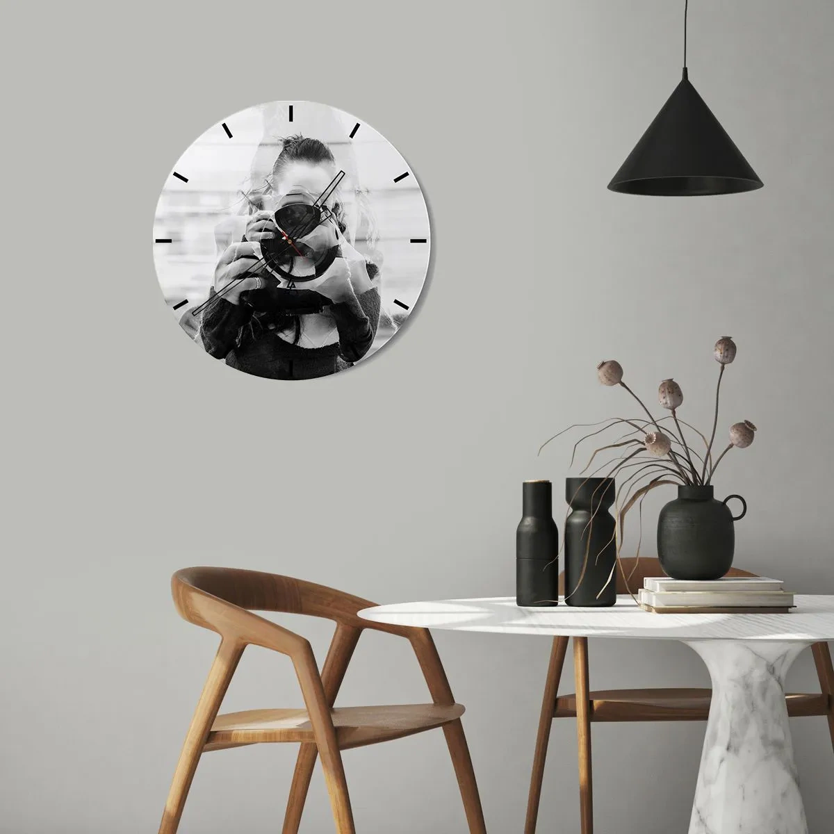 Wall clock - Clock on glass - Woman with a camera in an artistic double exposure - 30x30cm - Creator and the Creation - Modern wall decoration for the living room, kitchen, and bedroom ARTTOR