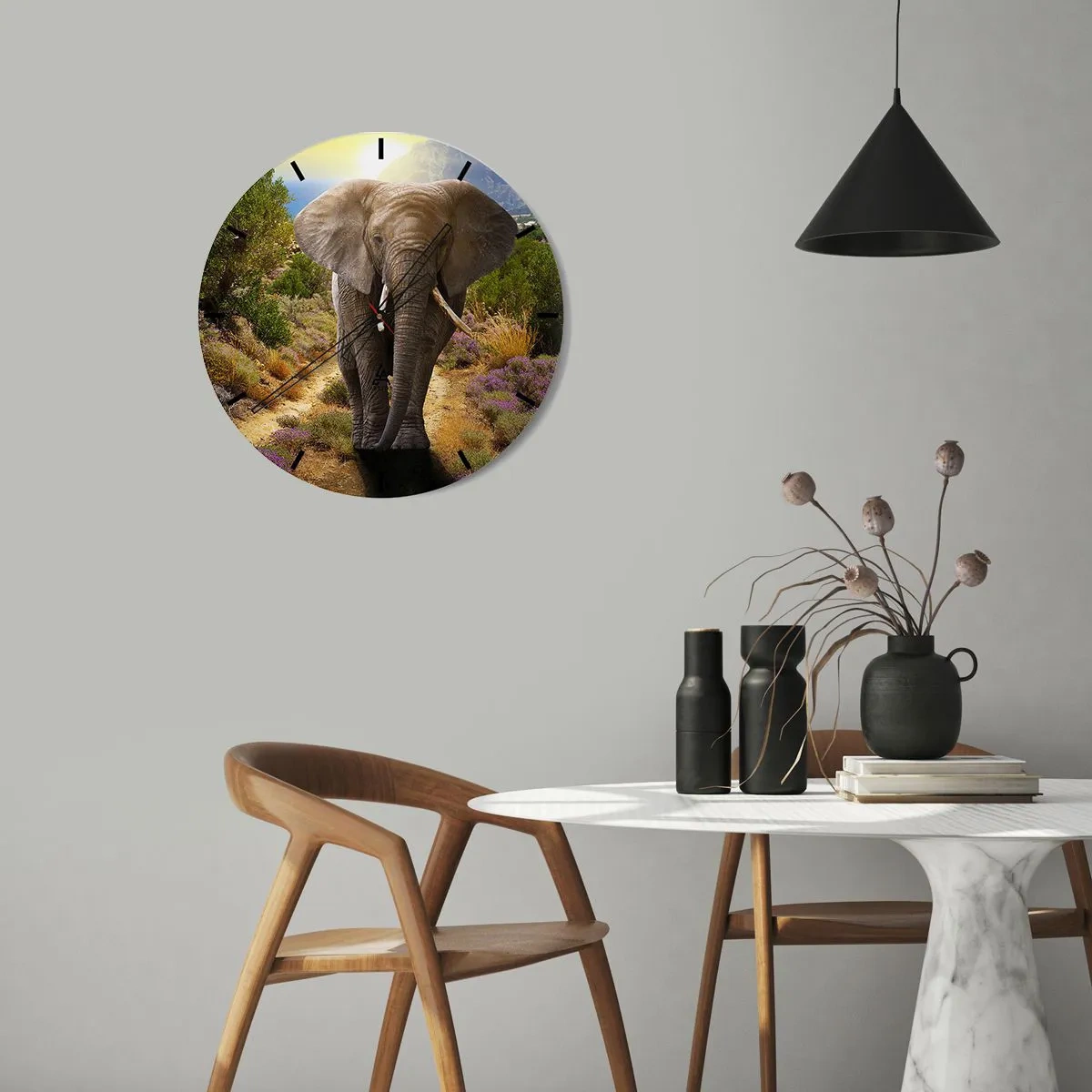Wall clock - Clock on glass - An elephant in the background of nature on a sunny day - 30x30cm - This is What Eden Looked Like - Modern wall decoration for the living room, kitchen, and bedroom ARTTOR