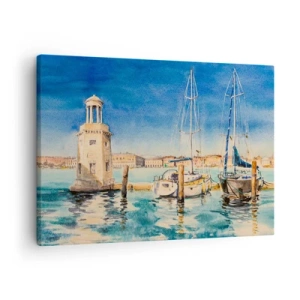Canvas picture - Marina with boats against the backdrop of a blue lagoon - 70x50cm - Sunny Lagoon - Modern wall decoration for the living room and bedroom ARTTOR