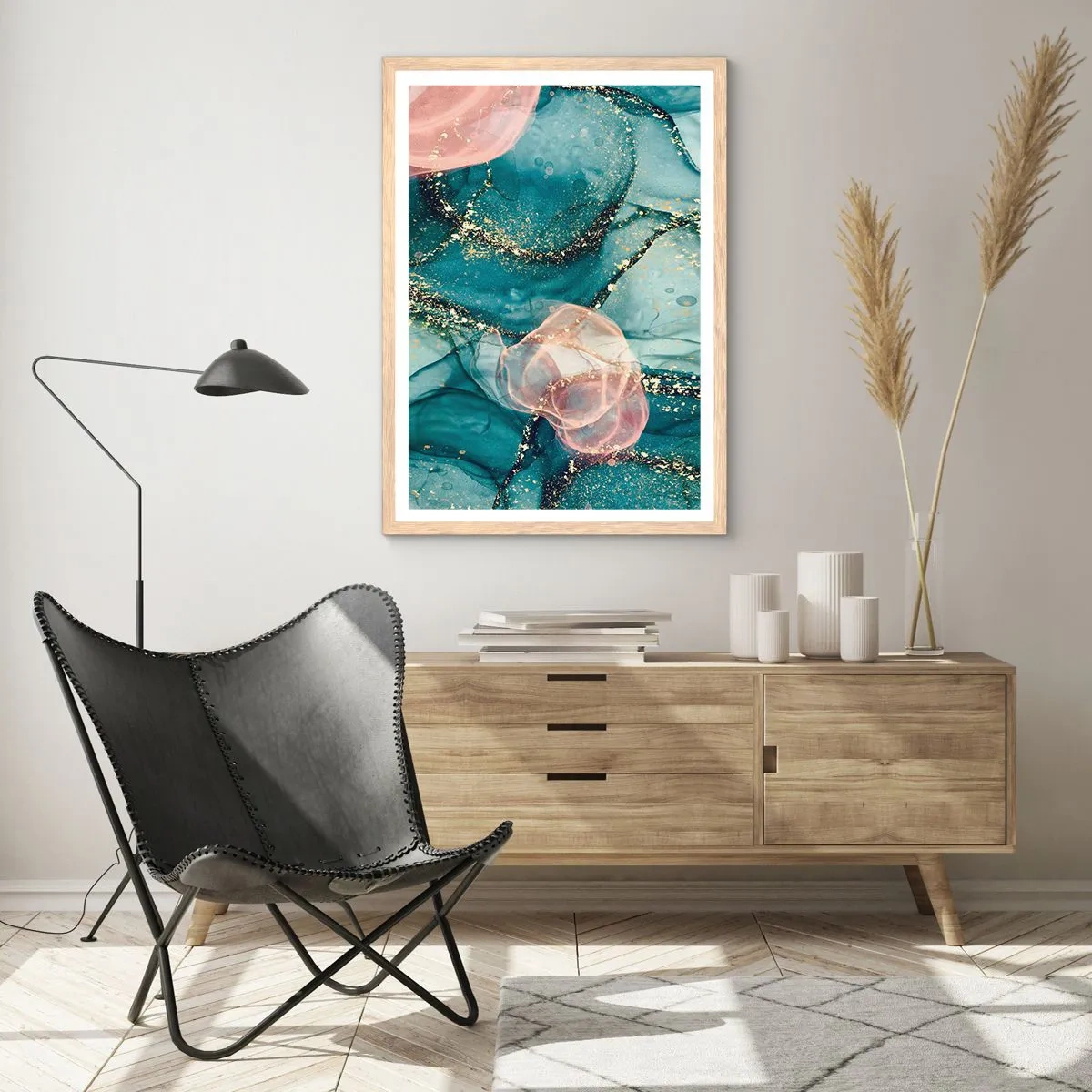 Poster in light oak frame - Silm Blue, Tulle Pink - 50x70 cm