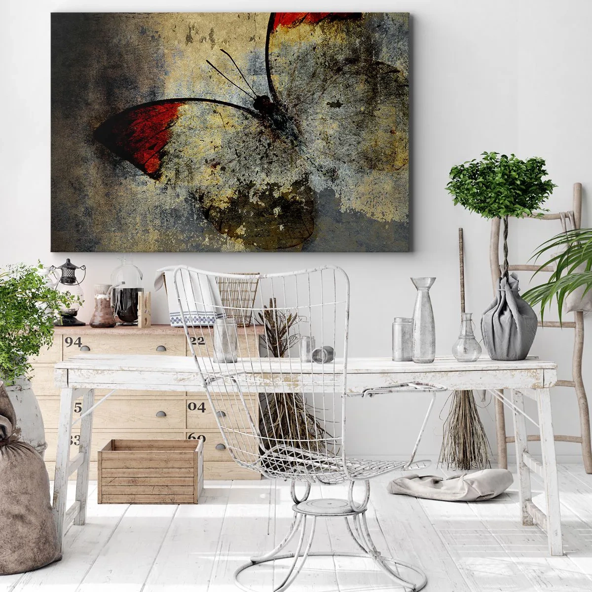 Canvas picture - A butterfly in shades of red and gray on a textured background - 70x50cm - Look before I Disappear - Modern wall decoration for the living room and bedroom ARTTOR