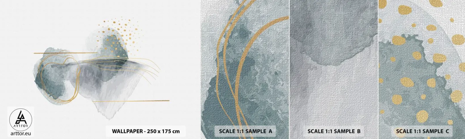 Photo Wallpaper Sample Premium Canvas - On the Relationships of Grey and Gold - Abstraction, Piece, Interesting Shapes - 100x30 cm