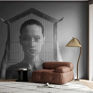 Photo Wallpaper Standard Eco - A woman behind a cage in an artistic black and white shot - 100x70cm - A Bit Surrealistic Portrat - Modern wall decoration for the living room and bedroom ARTTOR