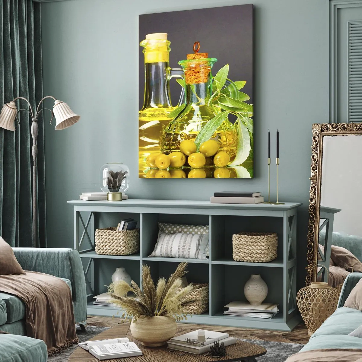 Canvas picture - Still Life with Olives and Olive Oil - 65x120 cm