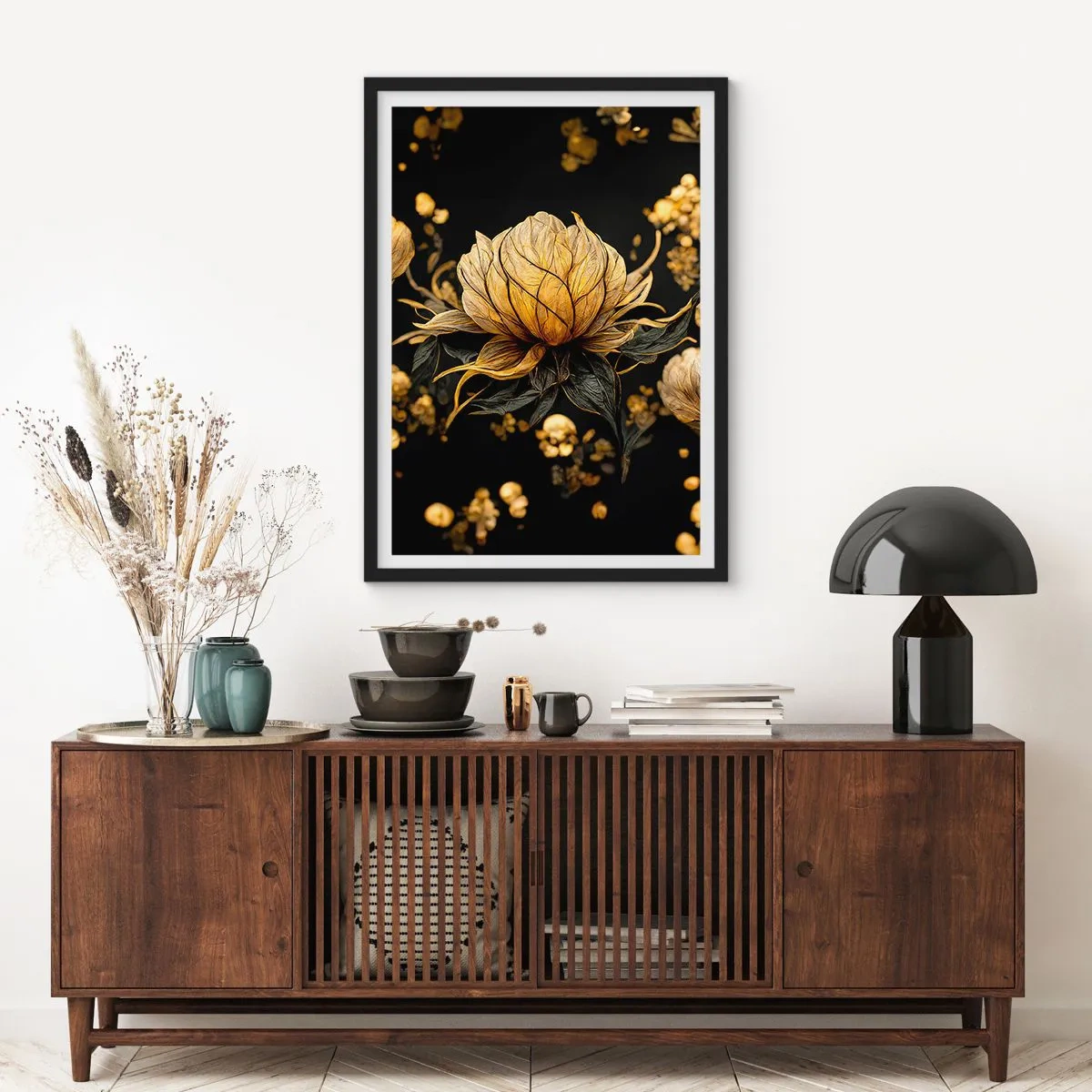 Poster in black frame - A golden flower on a black background in an elegant composition - 50x70cm - Subtle Fragility - Modern wall decoration for the living room and bedroom ARTTOR