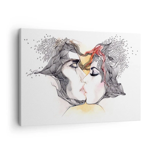 Canvas picture - Artistic portrait of a couple with abstract hair motifs - 70x50cm - World Does Not Exist - Modern wall decoration for the living room and bedroom ARTTOR