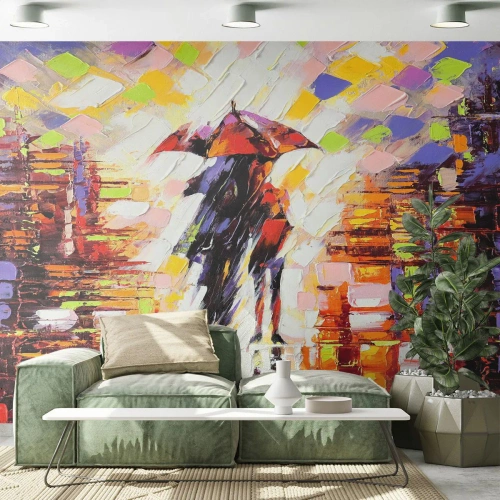 Photo Wallpaper Standard Eco - Together through Night and Rain - Abstraction, Couple in love, Walk in the rain - 400x280 cm
