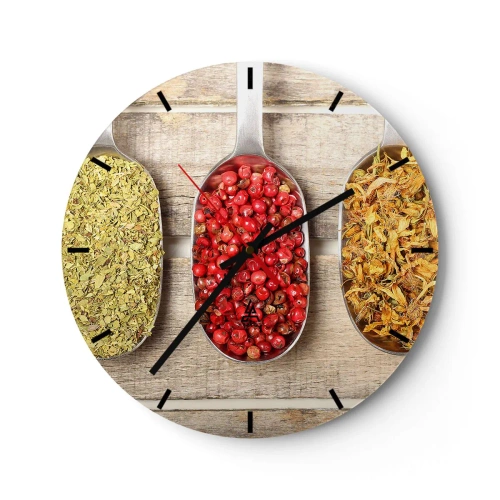 Wall clock - Clock on glass - Colorful spices in metal spoons on a wooden background - 30x30cm - Kitchen Magic - Modern wall decoration for the living room, kitchen, and bedroom ARTTOR