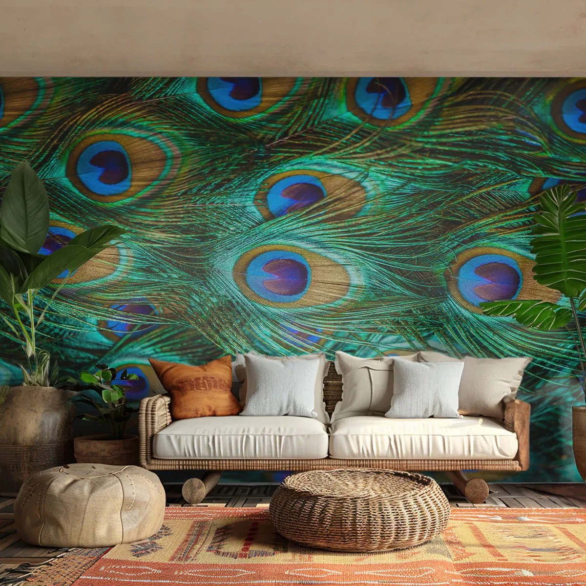 Photo Wallpaper Premium Sand - Peacock Eyes - Abstraction, Peacock feathers, Bird's feather - 200x140 cm