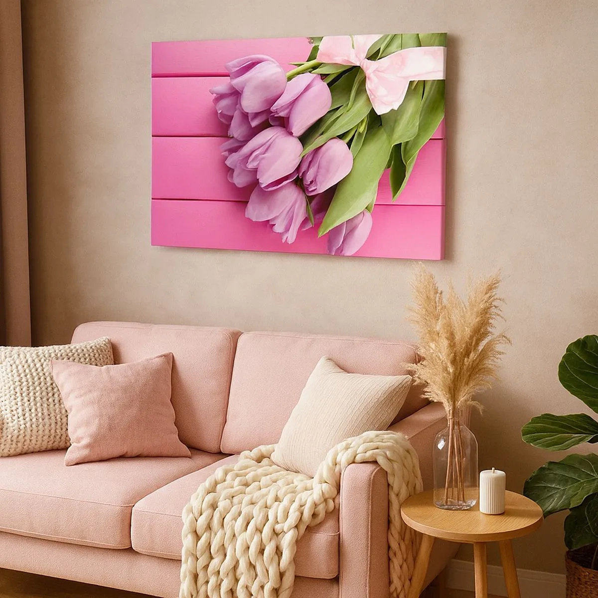 Canvas picture - A bouquet of pink tulips with a bow on a pink background - 70x50cm - Especially for You - Modern wall decoration for the living room and bedroom ARTTOR