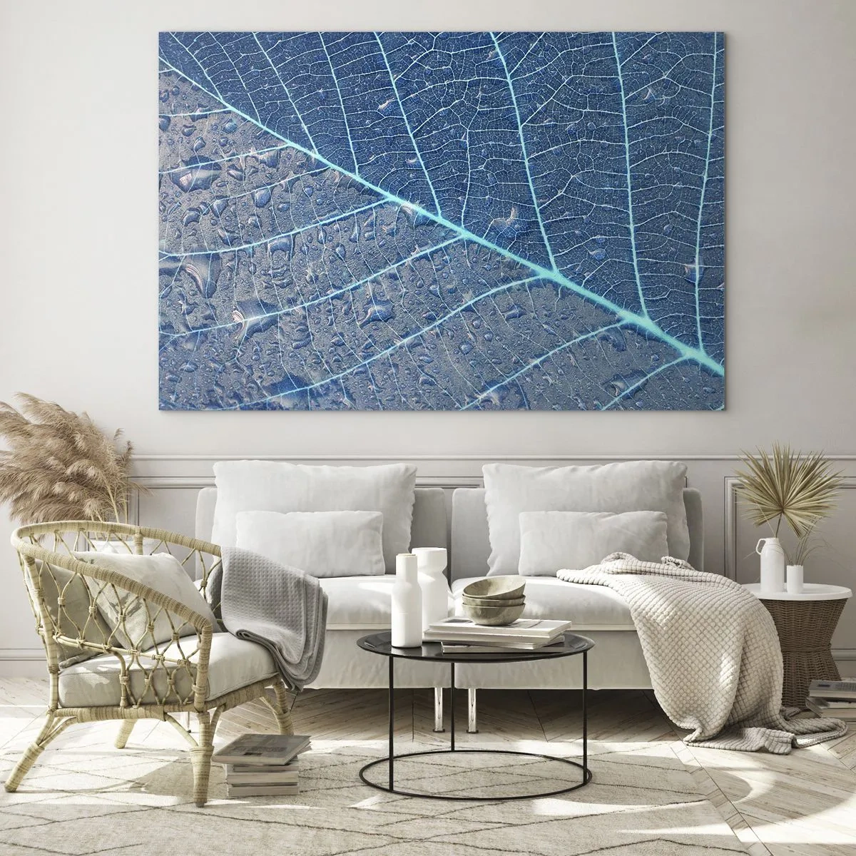 Glass picture - Macro photography of a leaf with water drops in shades of blue - 70x50cm - Life in the Blue - Modern wall decoration for the living room and bedroom ARTTOR