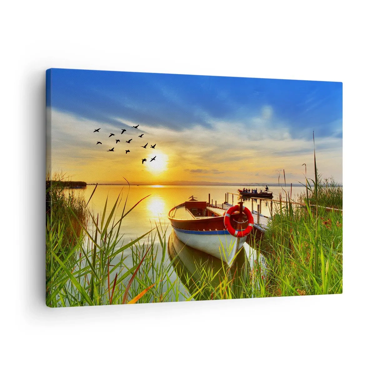 Canvas picture - A boat on the shore of a lake at sunset - 70x50cm - Cormorants Are Flying Away - Modern wall decoration for the living room and bedroom ARTTOR