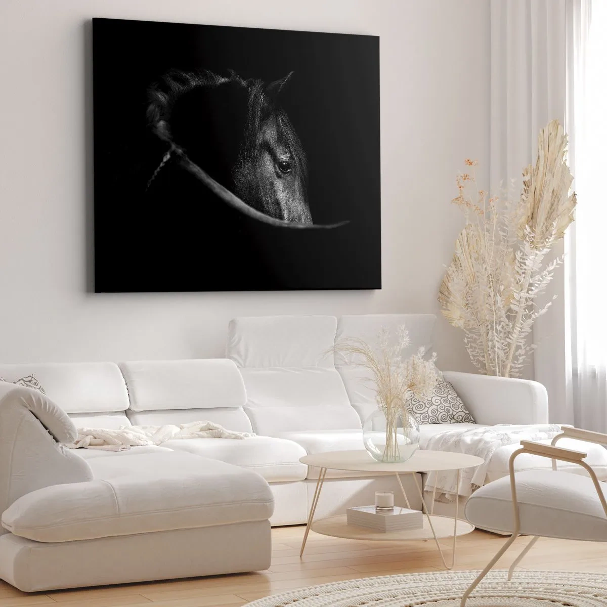 Canvas picture - A black and white portrait of a horse with a subtle play of light and shadow against a dark background. - 70x50cm - Black Prince - Modern wall decoration for the living room and bedroom ARTTOR