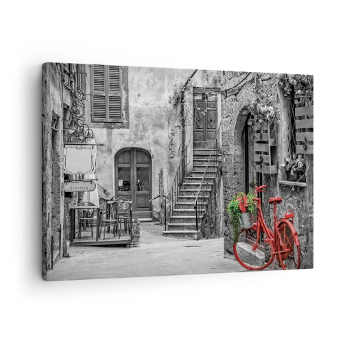 Canvas picture - A red bike in a black and white street - 70x50cm - Tuscan Alley - Modern wall decoration for the living room and bedroom ARTTOR