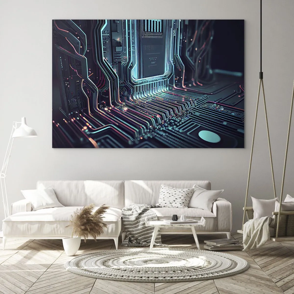 Glass picture - Neon visualization of processor traces on a black background - 70x50cm - I Was Just Thinking… - Modern wall decoration for the living room and bedroom ARTTOR