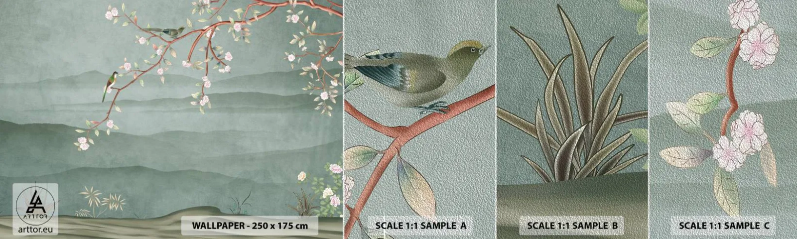 Photo Wallpaper Sample Premium Sand - Spring, It Is You - Pastel, Birds, Flowers - 100x30 cm