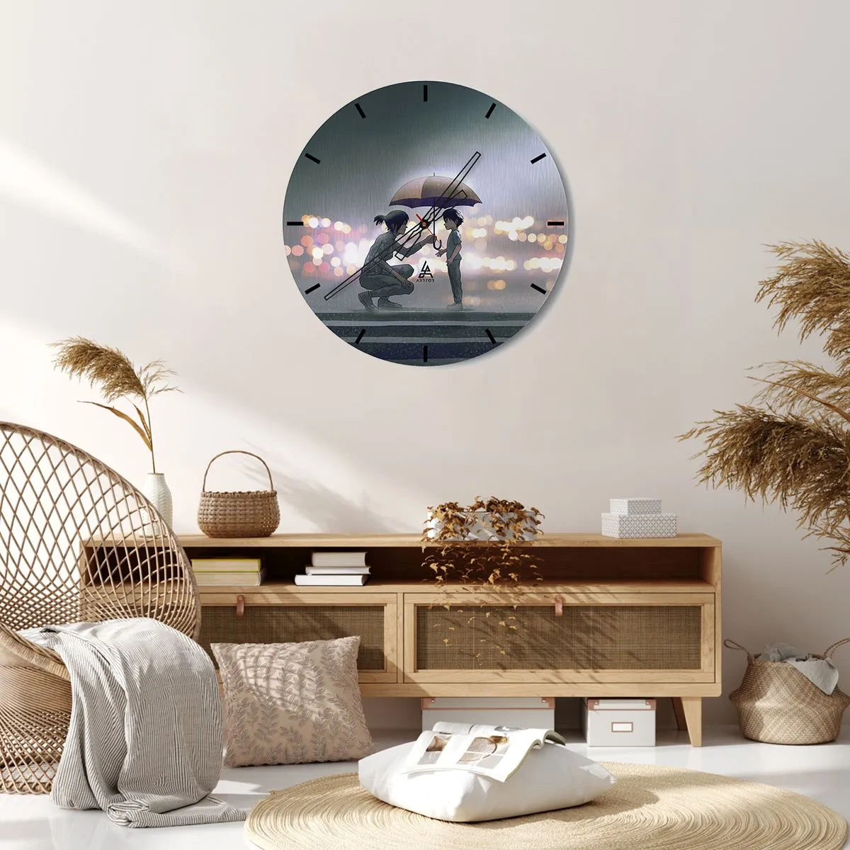 Wall clock - Clock on glass - Figures in the rain with umbrellas against the backdrop of a lit-up city - 30x30cm - And Everything Is All Right - Modern wall decoration for the living room, kitchen, and bedroom ARTTOR
