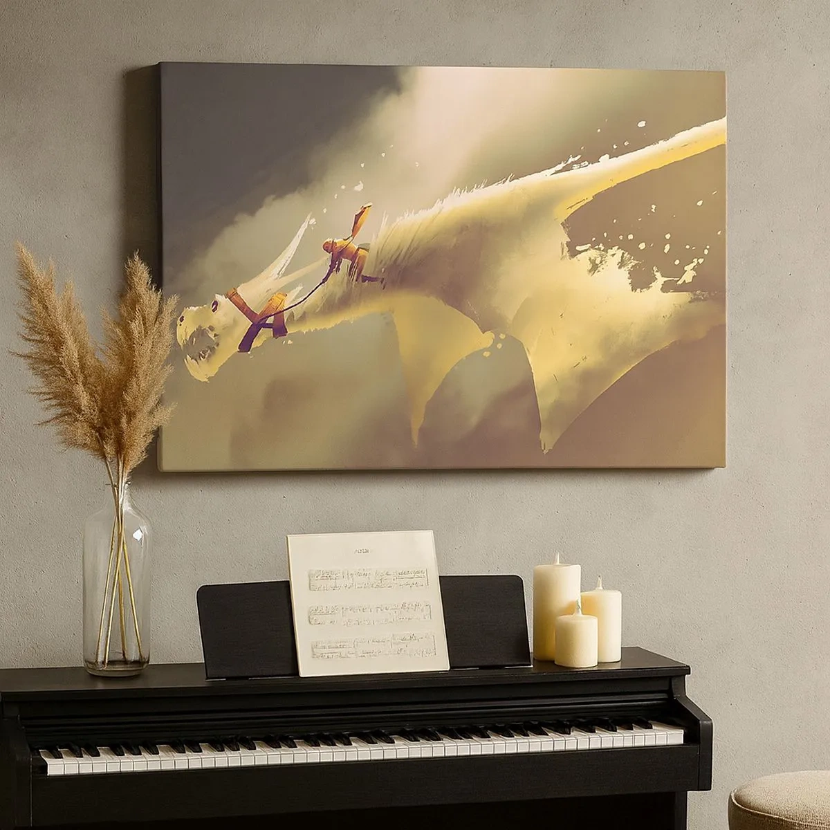 Canvas picture - Illustration of a dragon rider in a fantasy cloudscape - 70x50cm - To the Rescue of the World - Modern wall decoration for the living room and bedroom ARTTOR
