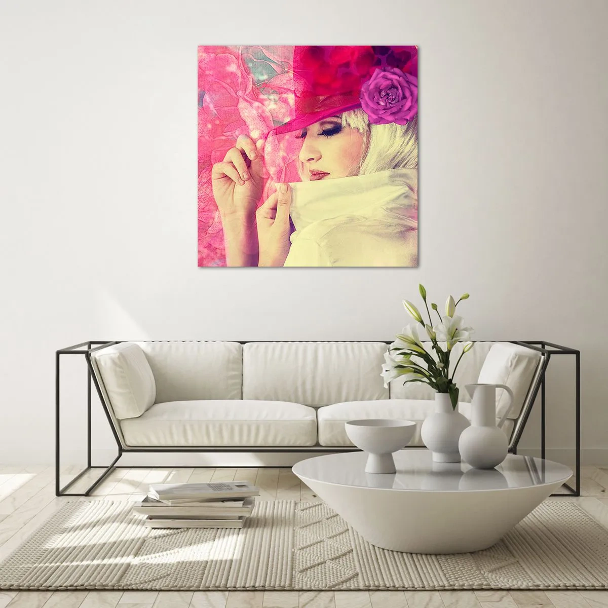Glass picture - Retro Portrait in Pink - 70x70 cm