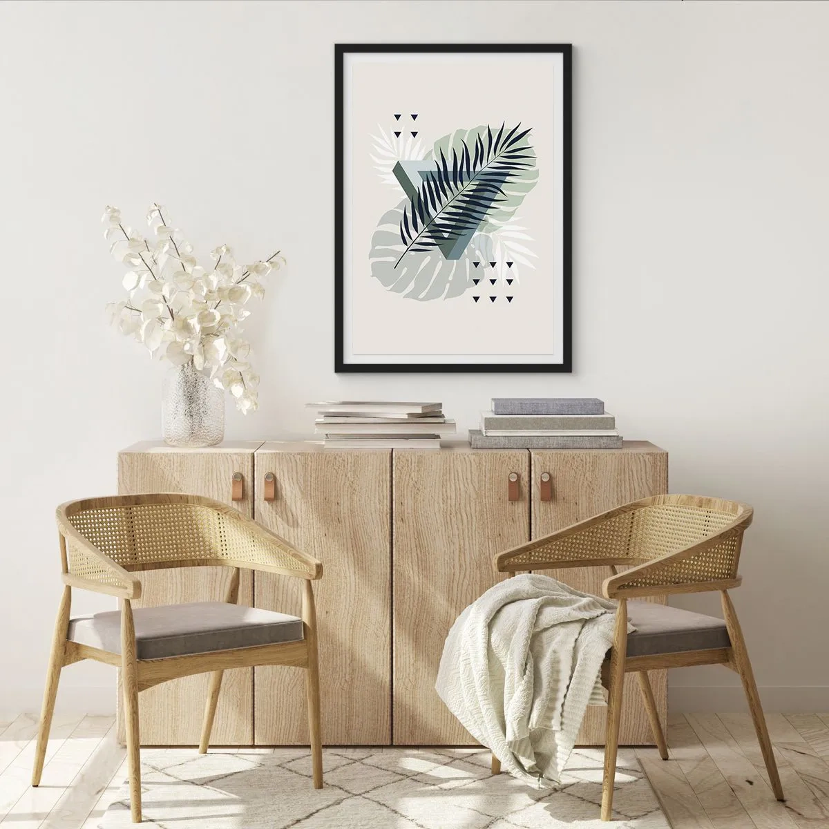 Poster in black frame - Abstract tropical leaves on a light background - 50x70cm - Nature and Geometry - Two Orders? - Modern wall decoration for the living room and bedroom ARTTOR