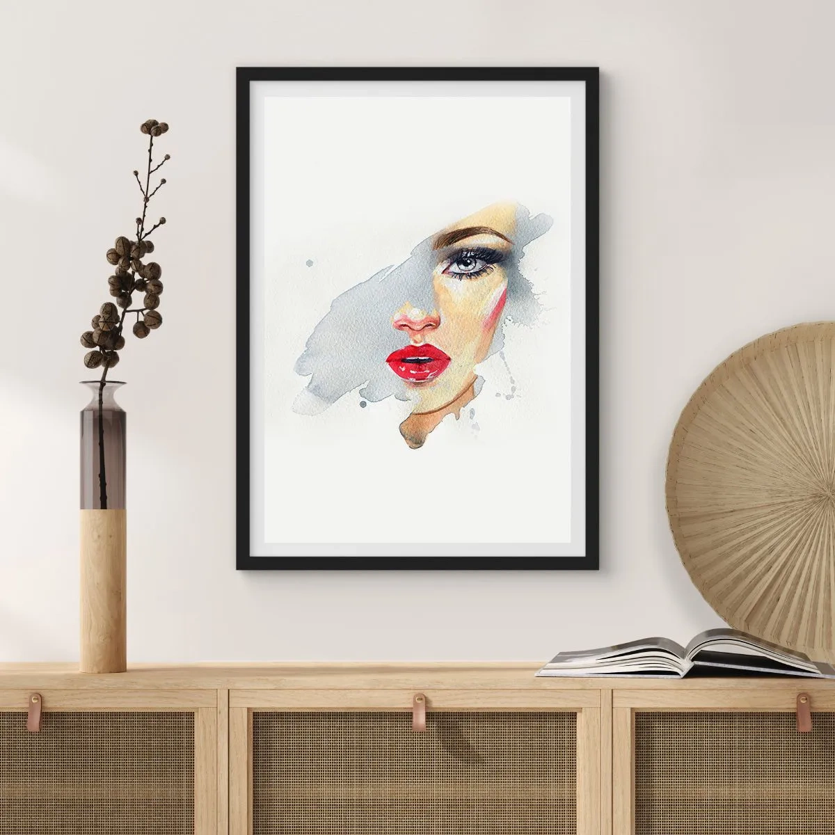 Poster in black frame - Watercolor portrait of a woman with red lips - 50x70cm - Reflection in a Waterdrop - Modern wall decoration for the living room and bedroom ARTTOR