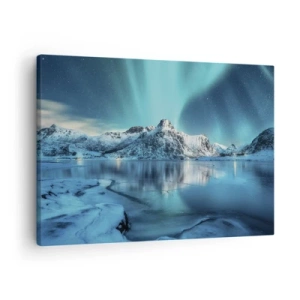 Canvas picture - Aurora Borealis over snow-capped mountains and a lake - 70x50cm - The Night of Light - Modern wall decoration for the living room and bedroom ARTTOR