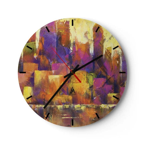Wall clock - Clock on glass - An abstract composition in shades of yellow and purple. - 30x30cm - Metropolitan Composition - Modern wall decoration for the living room, kitchen, and bedroom ARTTOR