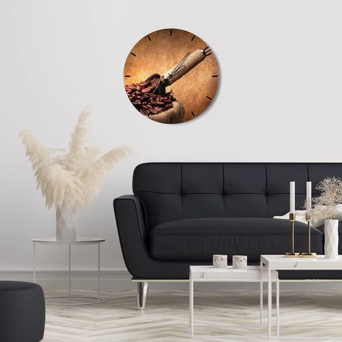 Wall clock - Clock on glass - Coffee beans in a bag with a measuring cup on a brown background - 30x30cm - Grain of Flavour - Modern wall decoration for the living room, kitchen, and bedroom ARTTOR