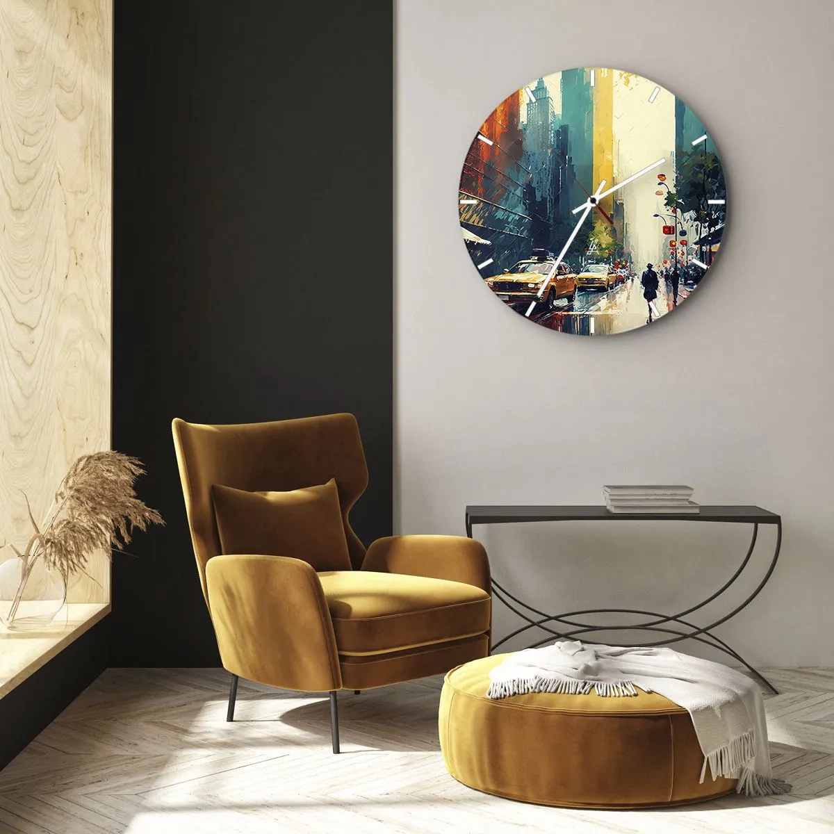 Wall clock - Clock on glass - New York - Even Rain Is Colourful - 40x40 cm