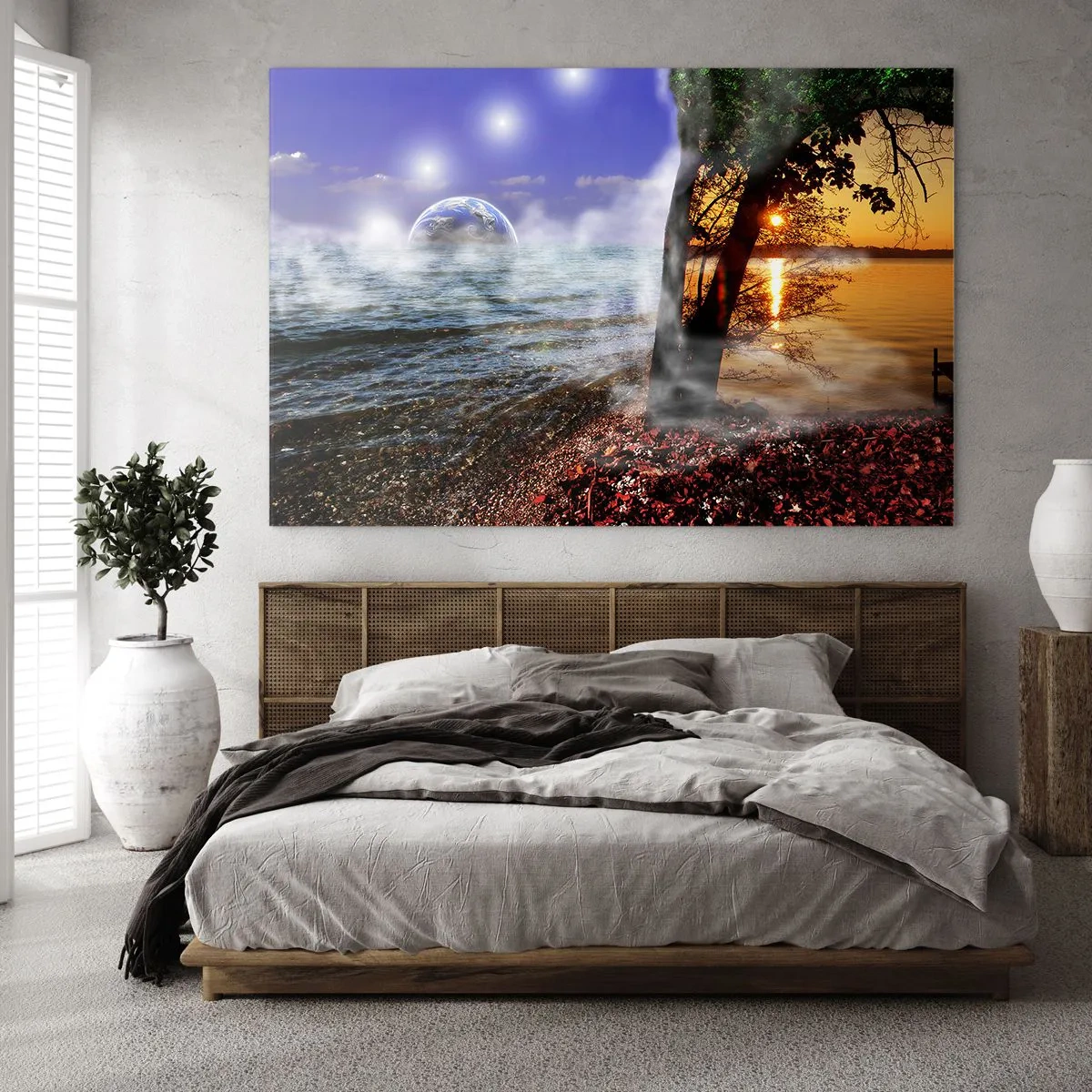 Glass picture - A fantasy landscape with the sea and a planet - 70x50cm - Surrealistic Landscape - Unity of Nature - Modern wall decoration for the living room and bedroom ARTTOR