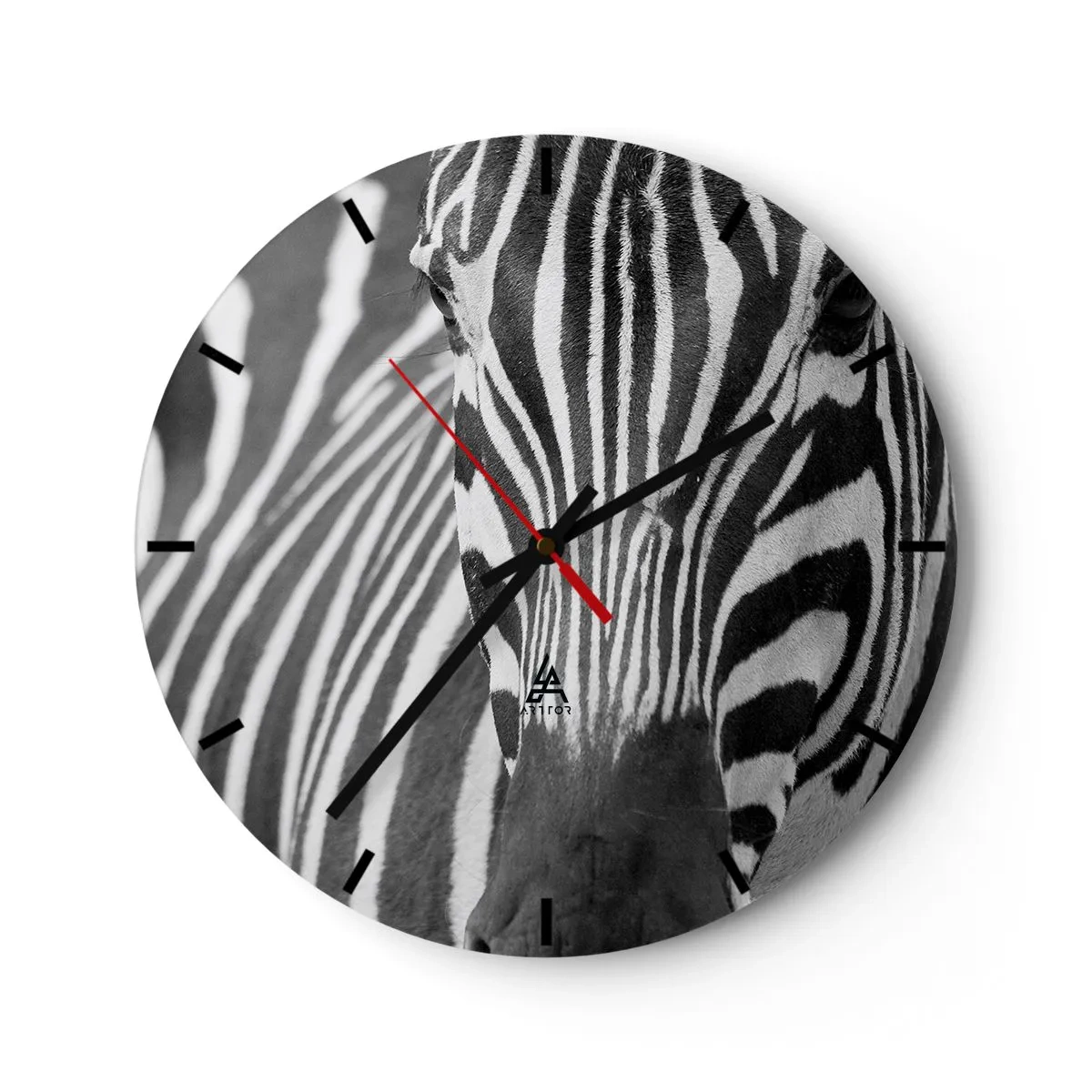 Wall clock - Clock on glass - Close-up of a black and white zebra pattern - 30x30cm - World Is Black and White - Modern wall decoration for the living room, kitchen, and bedroom ARTTOR