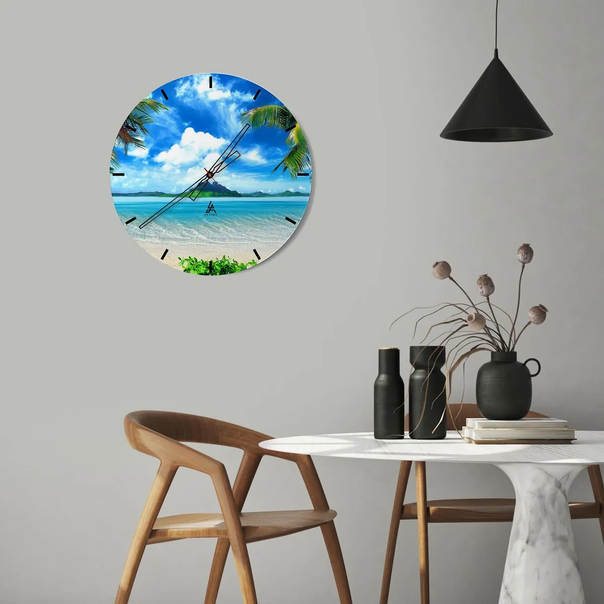 Wall clock - Clock on glass - An exotic beach with palm trees and azure sea - 30x30cm - Blue Tropics - Modern wall decoration for the living room, kitchen, and bedroom ARTTOR