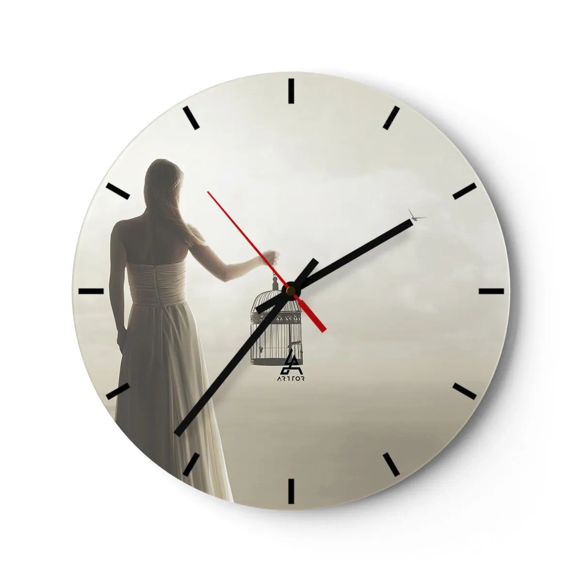 Wall clock - Clock on glass - A woman in a white dress holding an empty cage against the sky. - 30x30cm - Be Free - Modern wall decoration for the living room, kitchen, and bedroom ARTTOR